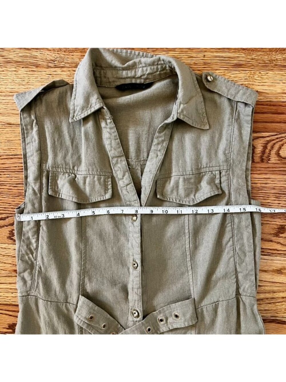 Zara Linen Shirt Dress XS Khaki Olive Euro Summer Safari Button Front Belted - Picture 14 of 16